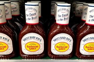 sweet baby rays barbecue sauce on store shelf