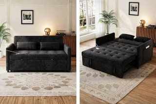 2 Llifestyle images of the a black sleeper couch in home setting (in couch mode and sleeper mode)