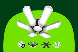 A 6-panel LED garage light that screws into a standard socket to illuminate a garage or basement. Four possible positions below it.