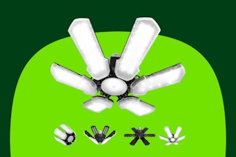A 6-panel LED garage light that screws into a standard socket to illuminate a garage or basement. Four possible positions below it.