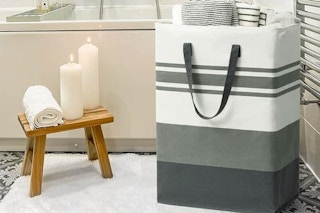 laundry basket next to tub