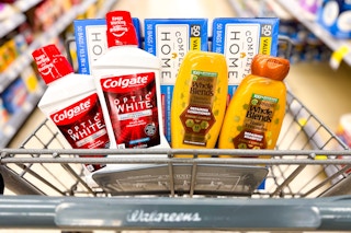 colgate, garnier, and complete home products in a walgreens cart
