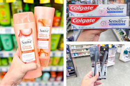 walgreens suave, colgate, l'oreal 3-photo collage