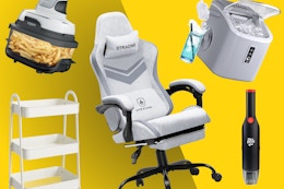 ninja air fryer, storage shelf, gaming chair, ice machine, and dirt devil vacuum