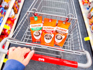 dunkin coffee bags in a cvs cart