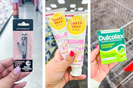 collage image of nail clippers, burts bees toothpaste, and dulcolax
