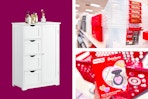 white wooden bathroom cabinet, Hefty holiday storage tote, and Dash heart waffle maker