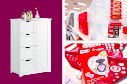 white wooden bathroom cabinet, Hefty holiday storage tote, and Dash heart waffle maker