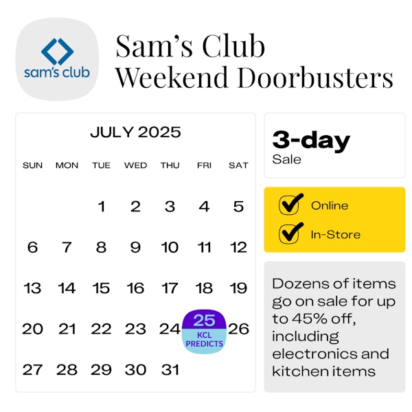 Black and white calendar graphic showing the predicted start date for the Sam's Club Doorbuster Sale as July 25, 2025.