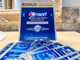 crest whitestrips on bathroom counter