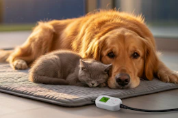 cat and dog on grey heating pad