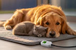 cat and dog on grey heating pad