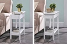 2 lifestyle images of a white end table with built-in storage under the top (one with top open/one with it closed)