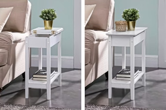 2 lifestyle images of a white end table with built-in storage under the top (one with top open/one with it closed)