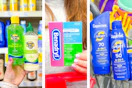 collage image of banana boat aloe, benadryl itch relief cream, and coppertone sunscreen