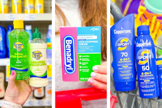 collage image of banana boat aloe, benadryl itch relief cream, and coppertone sunscreen