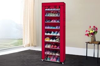 Lifestyle image of a red Zimtown 10-tier Shoe Rack in home environment 