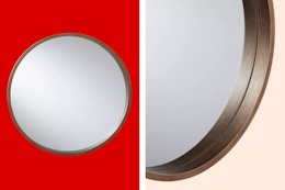 2 stock photos of the 16-in round wood frame mirror from Magnolia (Hearth & Hand)