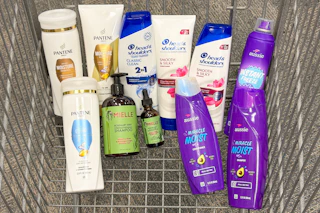 Pantene, Head & Shoulders, Aussie, and Mielle products in a shopping cart