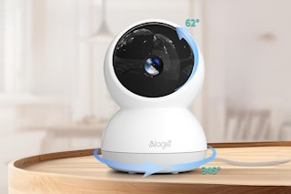 Alaga 3K HD Indoor Security Camera sitting on an accent table.