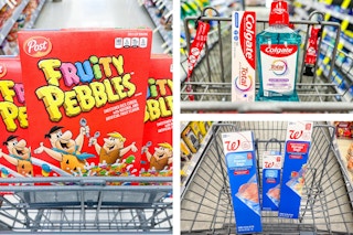 collage image of fruity pebbles cereal, walgreens food storage bags, and colgate oral care