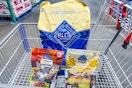 blue buffalo dog food and dog treats in a costco shopping cart