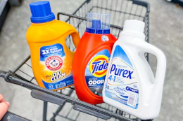 shopping cart with tide, arm & hammer, and purex laundry detergent