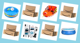 Graphic showing various pool items with amazon boxes