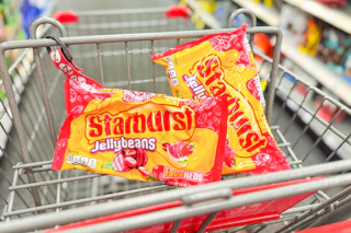 2 starburst jelly bean bags in a cart