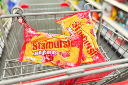 2 starburst jelly bean bags in a cart