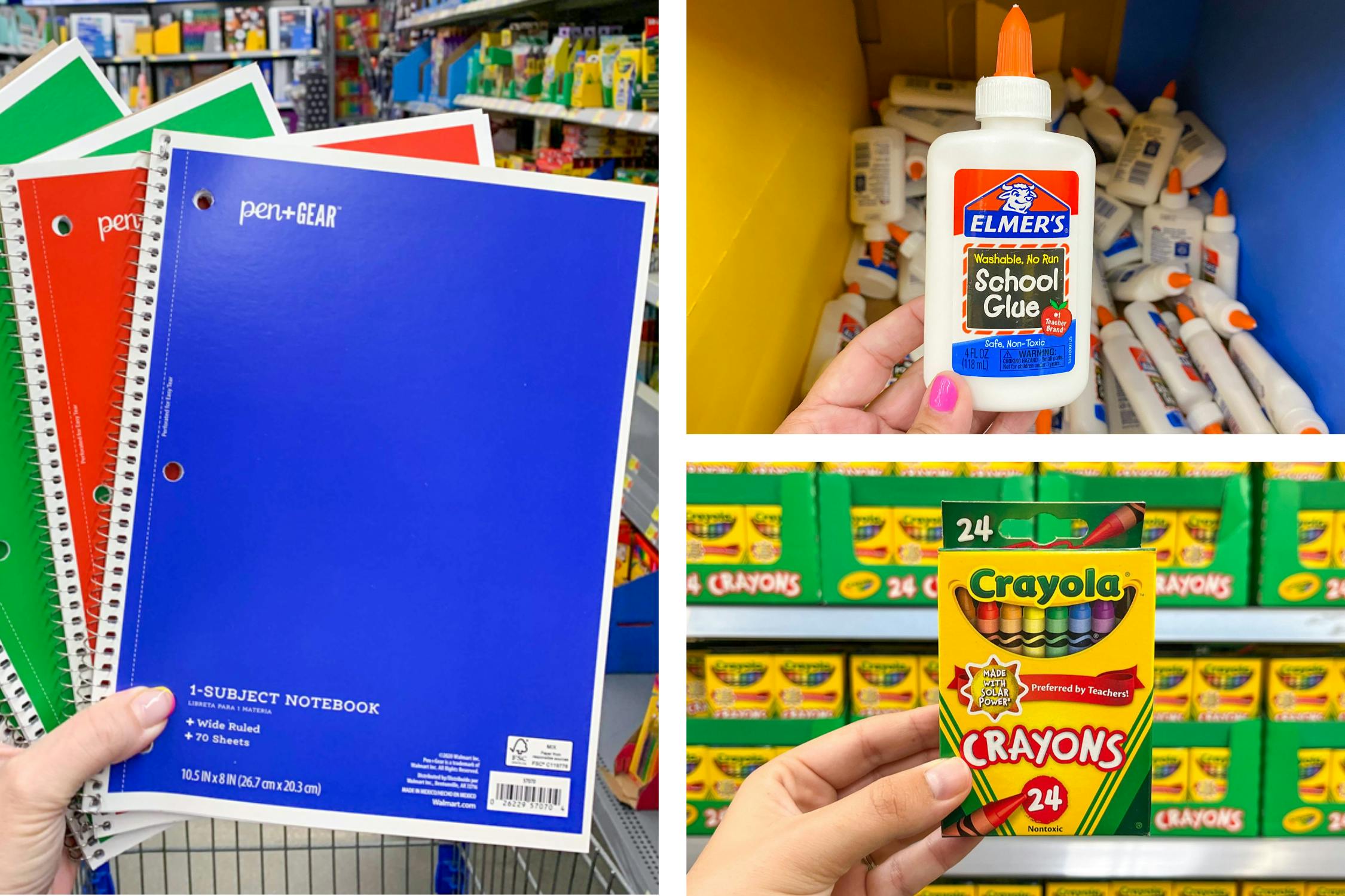 pen+gear notebooks, crayola crayons, and elmer's glue side by side