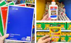 pen+gear notebooks, crayola crayons, and elmer's glue side by side