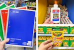 pen+gear notebooks, crayola crayons, and elmer's glue side by side