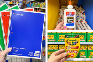 pen+gear notebooks, crayola crayons, and elmer's glue side by side
