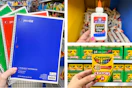 pen+gear notebooks, crayola crayons, and elmer's glue side by side