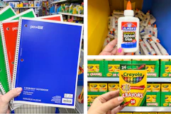 pen+gear notebooks, crayola crayons, and elmer's glue side by side