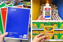 pen+gear notebooks, crayola crayons, and elmer's glue side by side