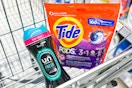 tide pods and downy unstoppables in a cart