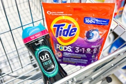 tide pods and downy unstoppables in a cart