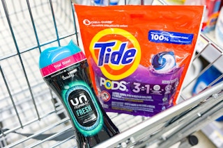 tide pods and downy unstoppables in a cart