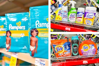 collage image of pampers diapers, tide detergent, and lysol cleaning products
