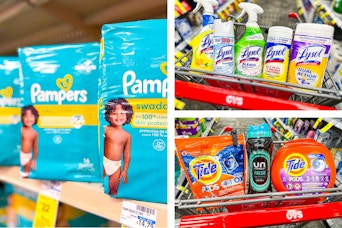 collage image of pampers diapers, tide detergent, and lysol cleaning products