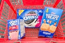 pop-tarts, oreos, and rice krispies treats in a basket