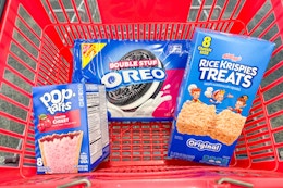 pop-tarts, oreos, and rice krispies treats in a basket