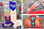 collage image of crest premium toothpaste, tide and downy laundry products, and cvs health toothbrush
