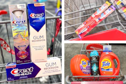 collage image of crest premium toothpaste, tide and downy laundry products, and cvs health toothbrush