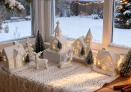 a Christmas village set on a table next to a window