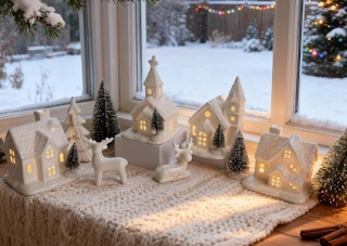 a Christmas village set on a table next to a window