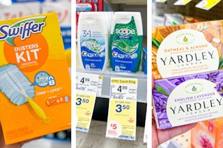 collage with swiffer dusters, crest toothpaste, and yardley soap