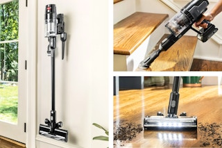 3 lifestyle images of the Bissell CleanView Stick Vacuum being used in different ways